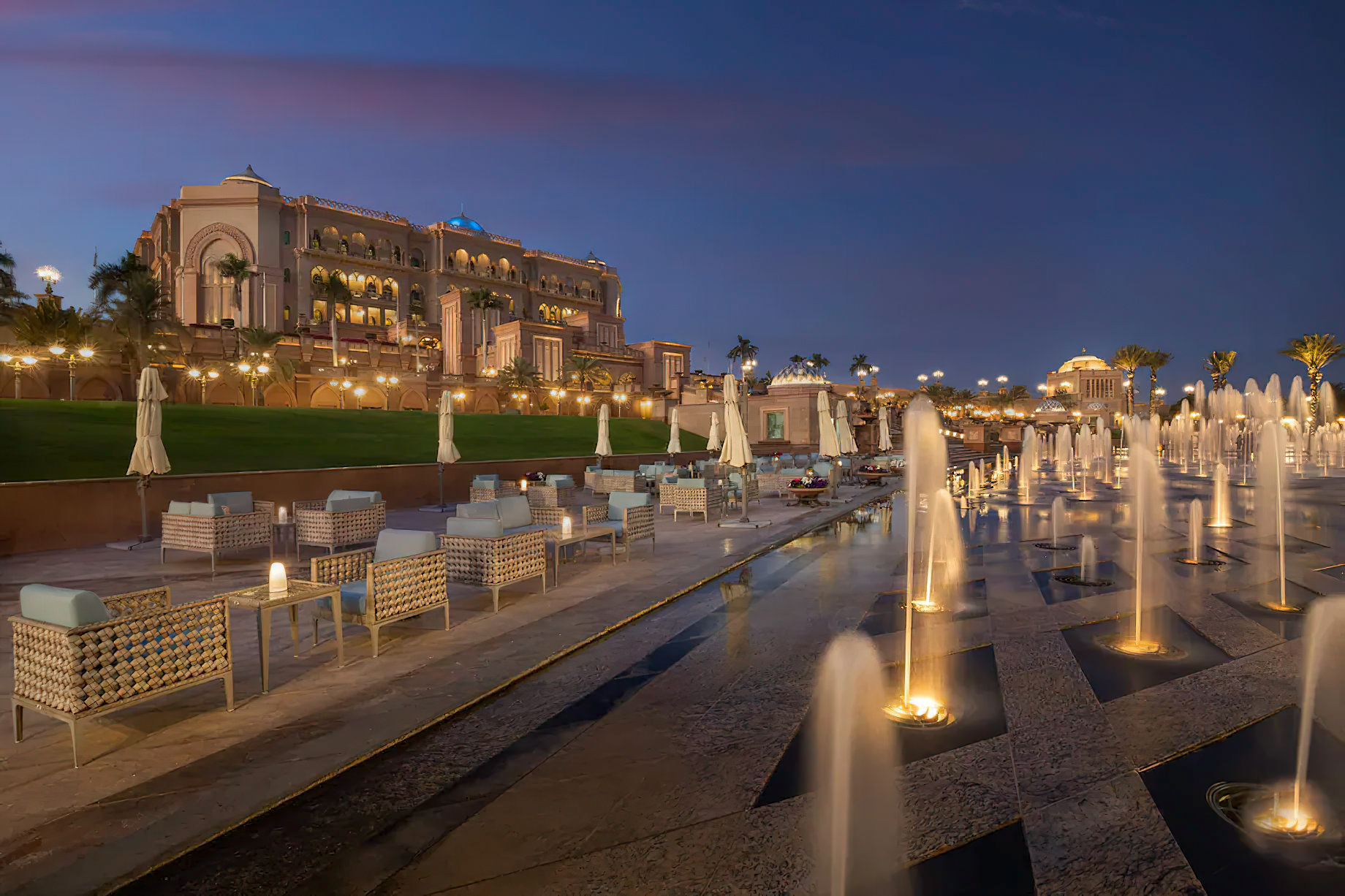 Emirates Palace Abu Dhabi Hotel – Abu Dhabi, UAE – Palace Dining Le Cafe Fountains Night