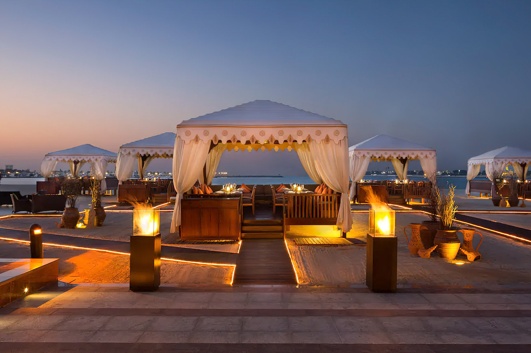 Emirates Palace Abu Dhabi Hotel – Abu Dhabi, UAE – Beach Cabana Dining Night Ocean View