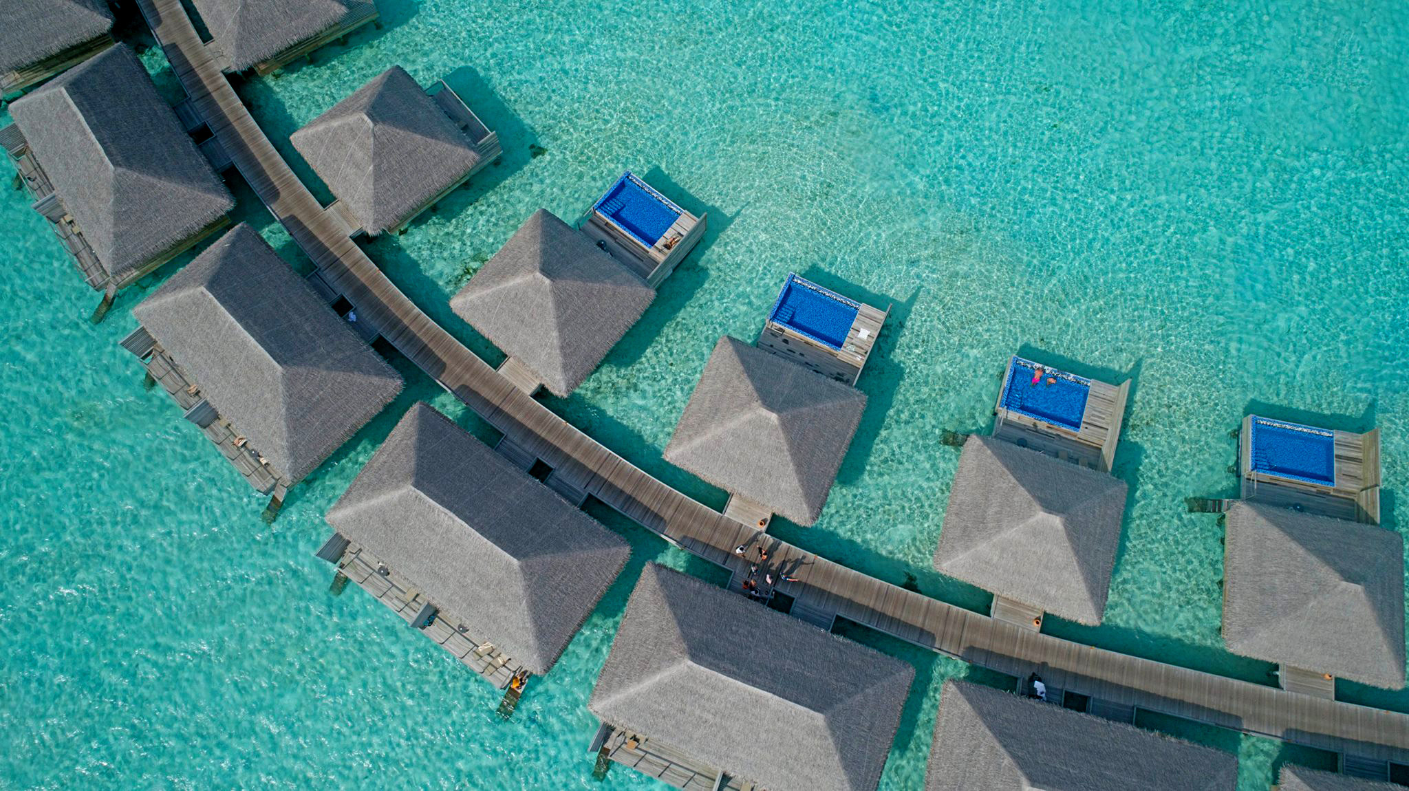 Cocoon Maldives Resort – Ookolhufinolhu, Lhaviyani Atoll, Maldives – Overwater Villas Overhead Aerial View