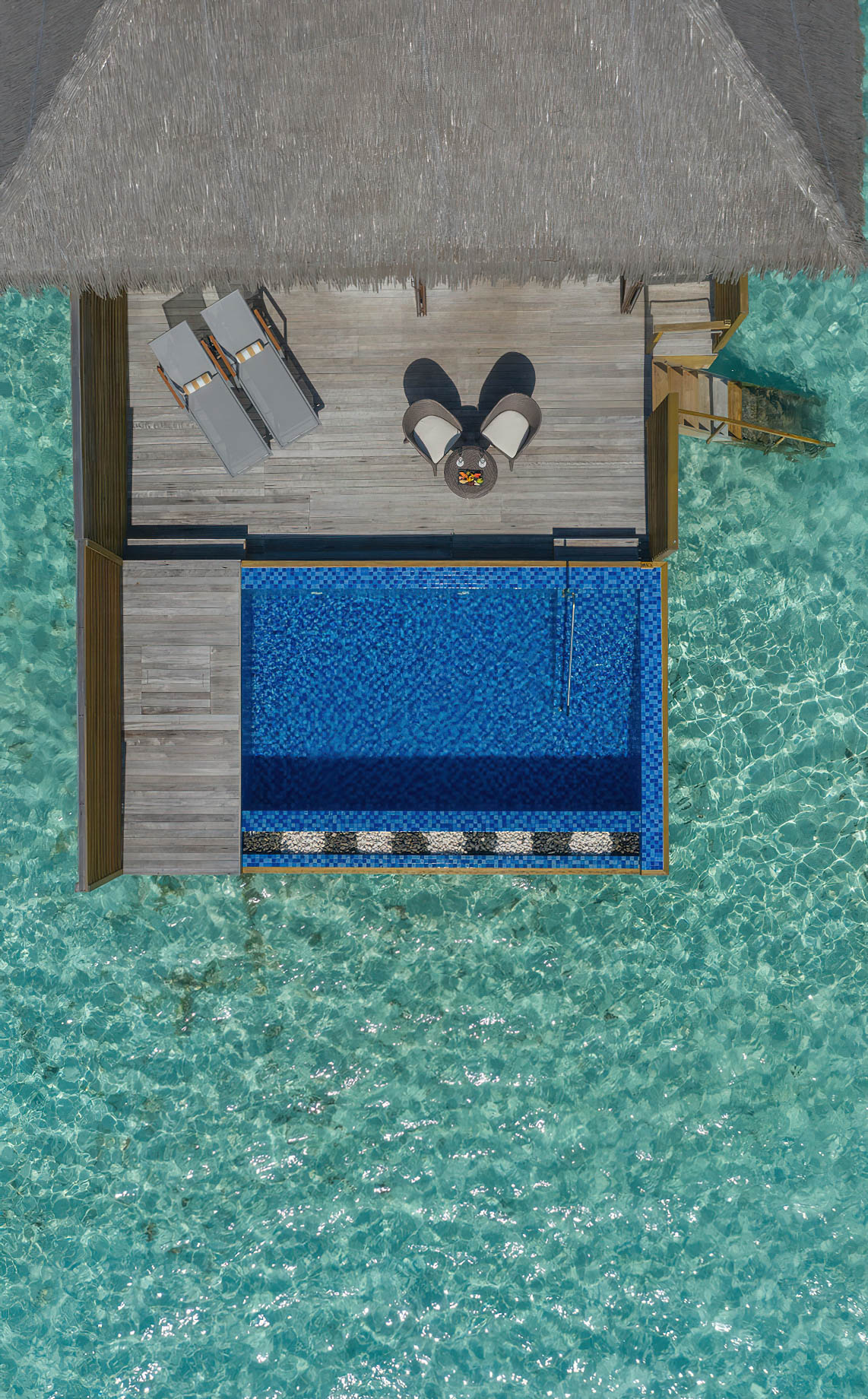 Cocoon Maldives Resort – Ookolhufinolhu, Lhaviyani Atoll, Maldives – Lagoon Overwater Suite with Pool Overhead Aerial View