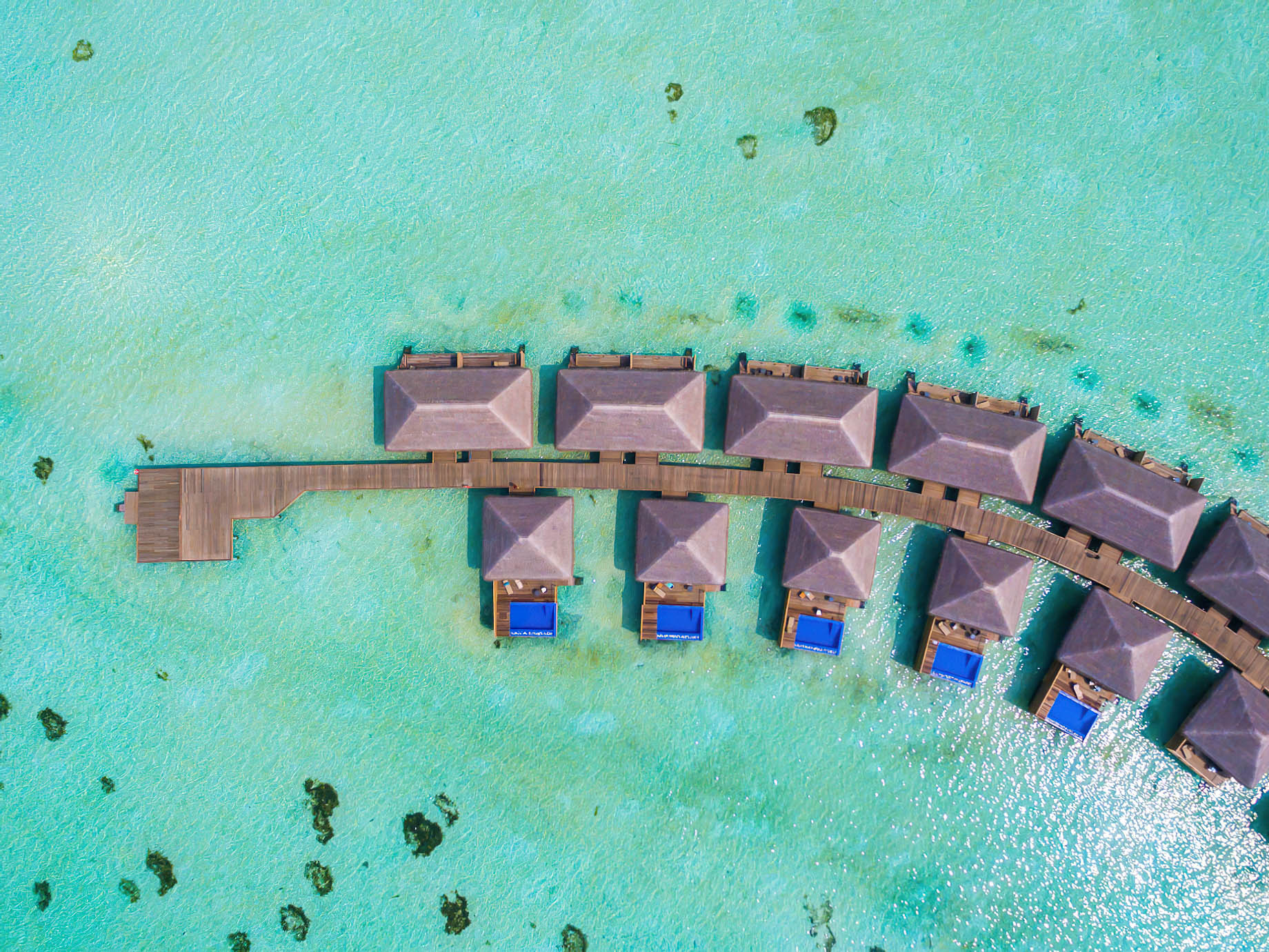 Cocoon Maldives Resort – Ookolhufinolhu, Lhaviyani Atoll, Maldives – Lagoon Overwater Villas and Suites with Pool Overhead Aerial View