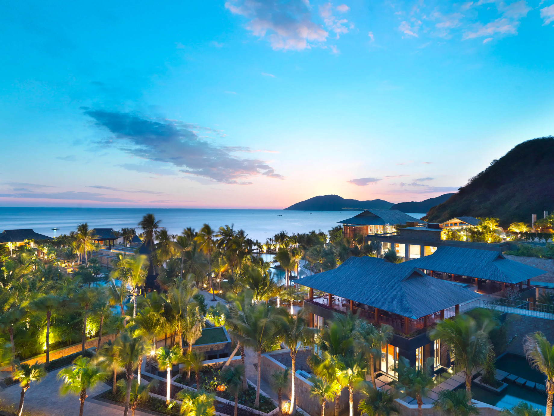 Mandarin Oriental, Sanya Hotel – Hainan, China – Resort Aerial Ocean View Sunset