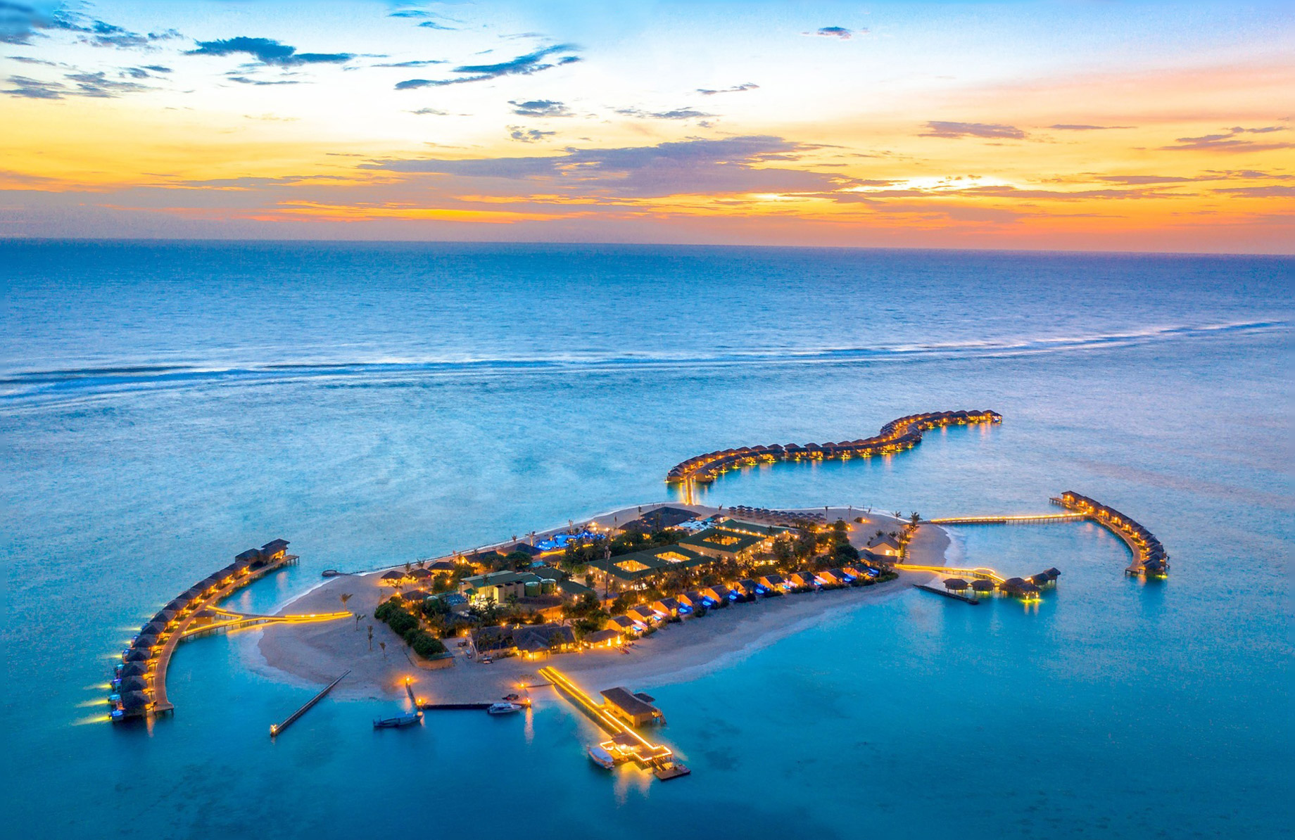 You & Me Maldives Resort – Uthurumaafaru, Raa Atoll, Maldives – Resort Aerial View Sunset