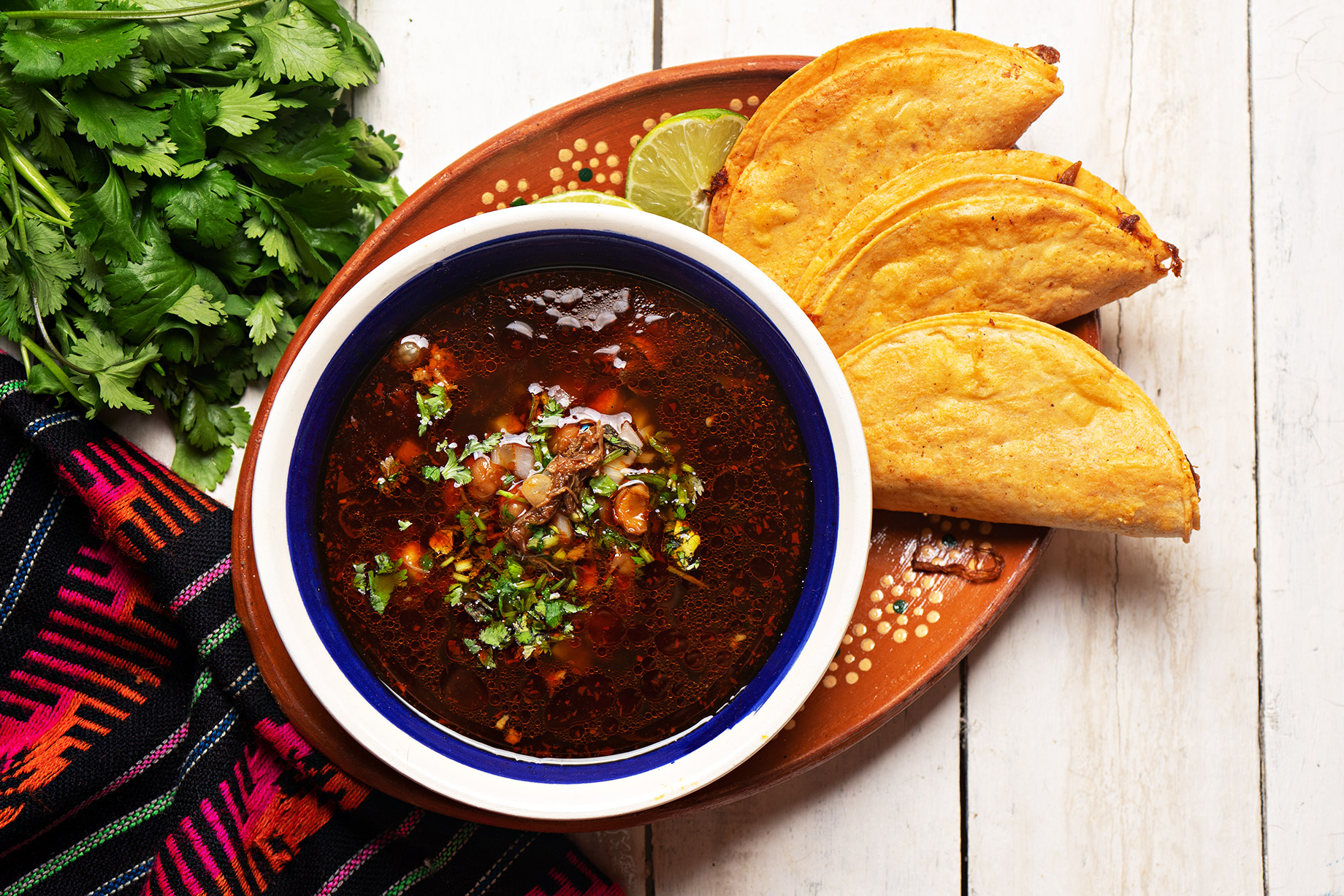 Mexican Birria Consome Soup and Tacos