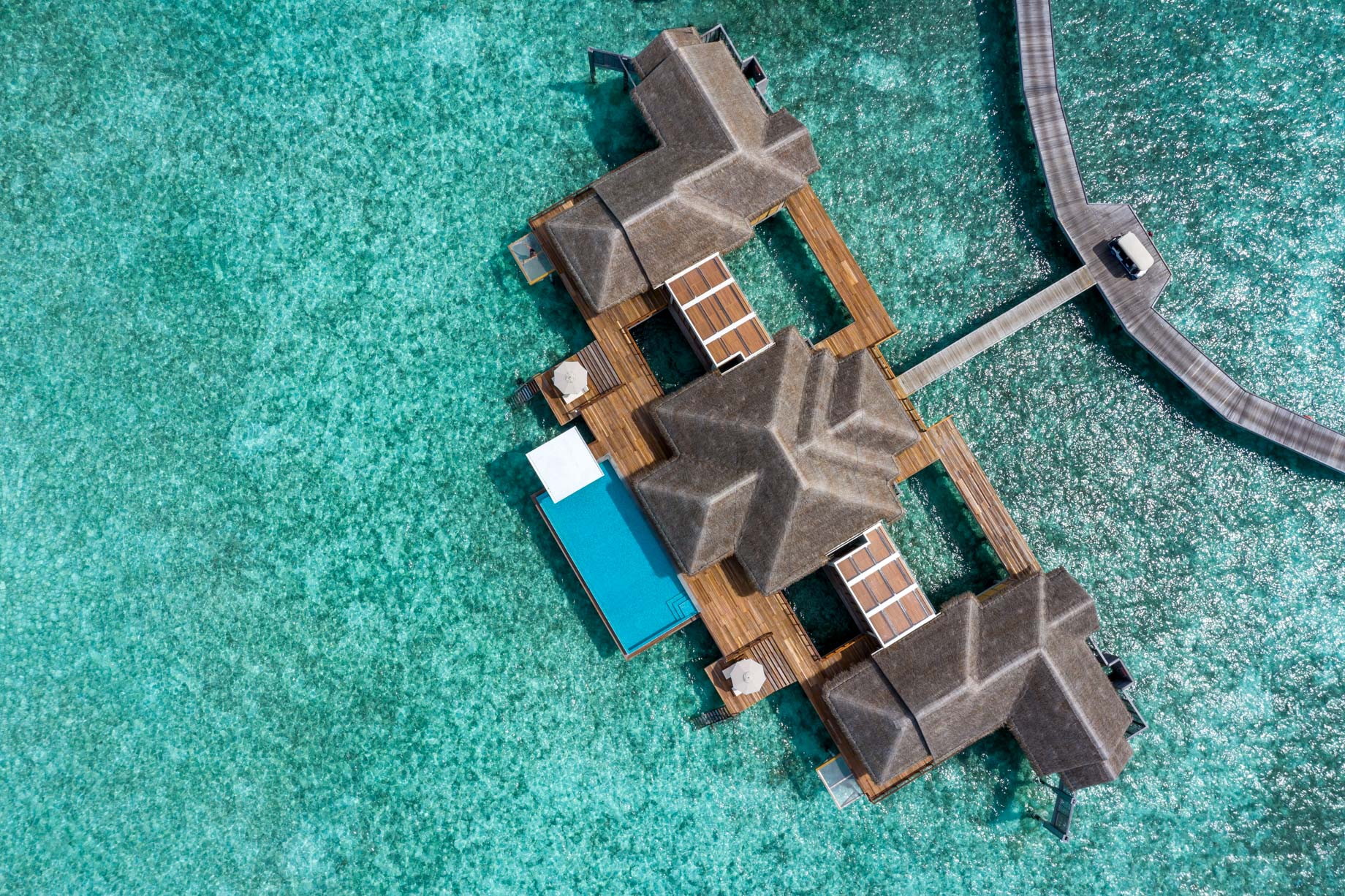Anantara Kihavah Maldives Villas Resort – Baa Atoll, Maldives – Two Bedroom Sunset Over Water Pool Residence Overhead Aerial View