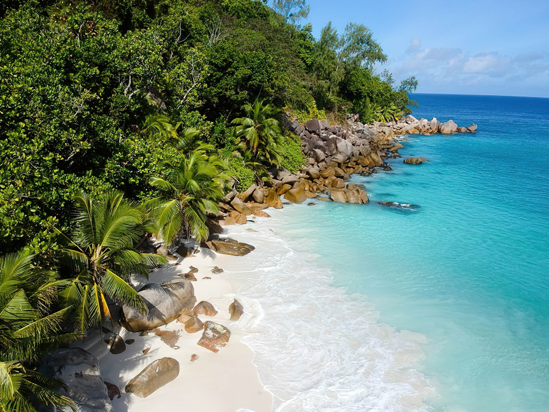 Constance Lemuria Resort – Praslin, Seychelles – Bolders on White Sand Beach Aerial View