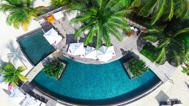 Constance Moofushi Resort - South Ari Atoll, Maldives - Pool Overhead Aerial View
