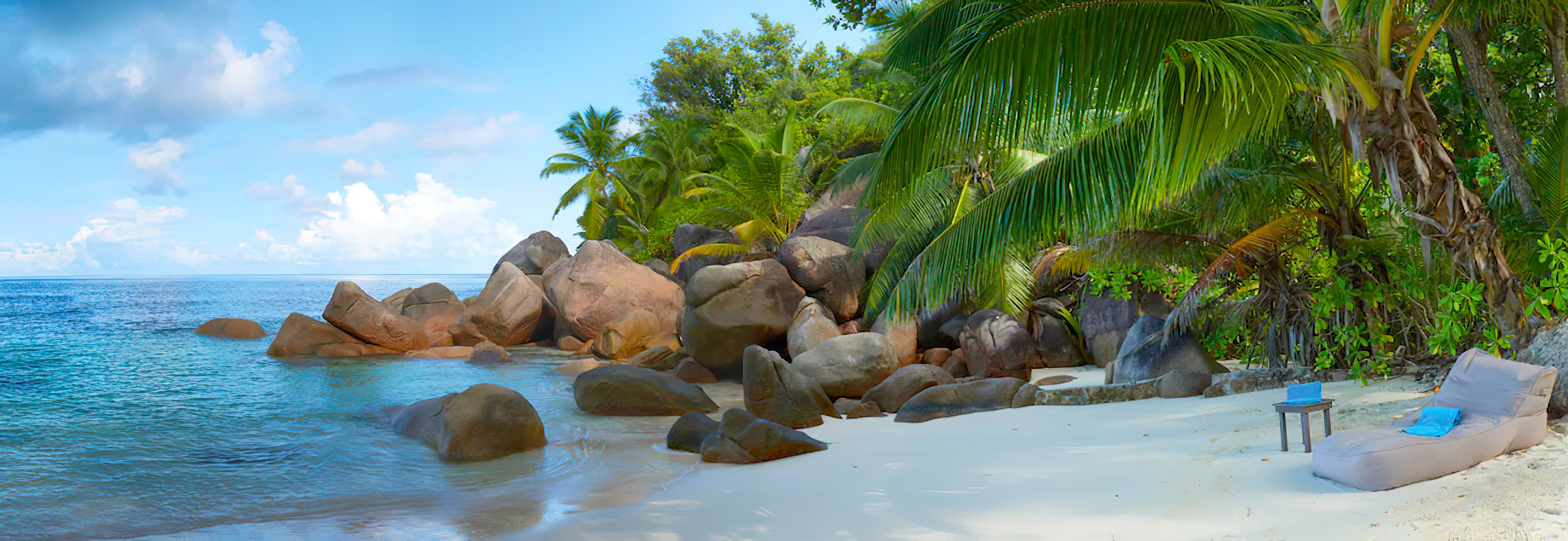 Constance Lemuria Resort – Praslin, Seychelles – Bolders on White Sand Beach