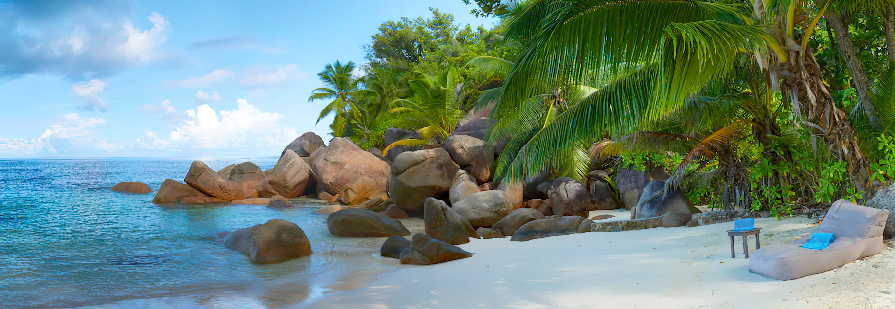 Constance Lemuria Resort - Praslin, Seychelles - Bolders on White Sand Beach