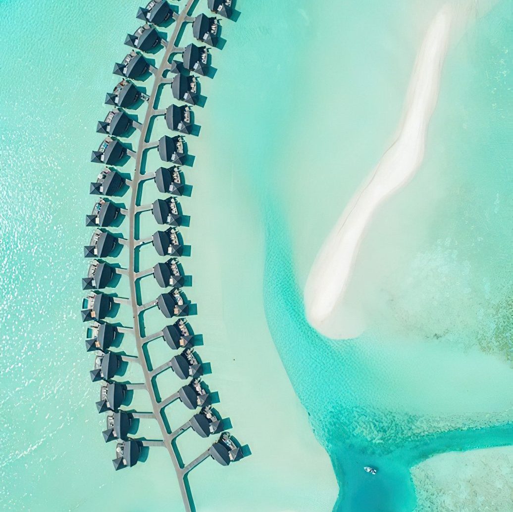 Anantara Thigu Maldives Resort – South Male Atoll, Maldives – Overwater Villas Overhead Aerial View