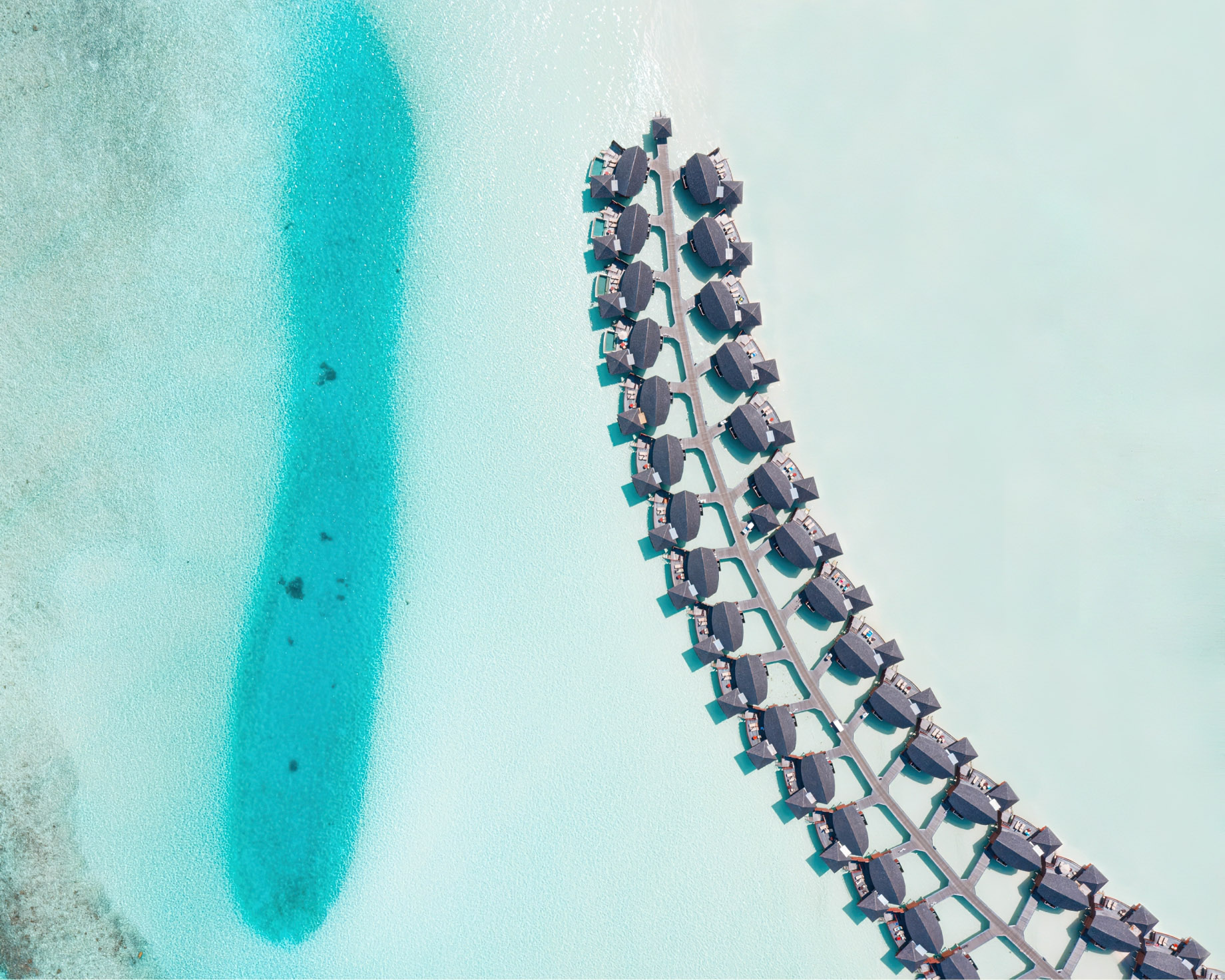 Anantara Thigu Maldives Resort – South Male Atoll, Maldives – Overwater Villas Overhead Aerial View