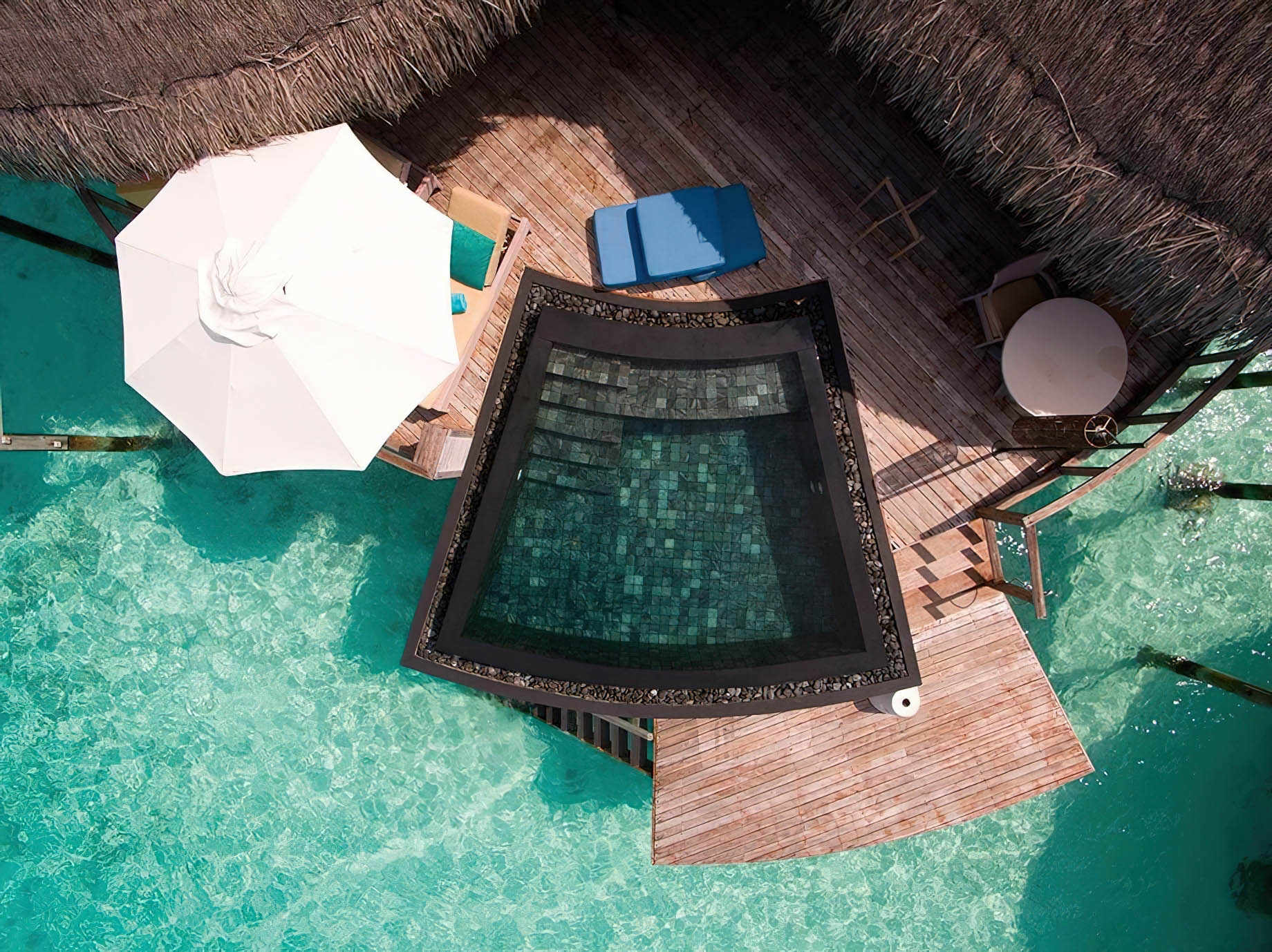 Constance Halaveli Resort – North Ari Atoll, Maldives – Overwater Villa Overhead Aerial View
