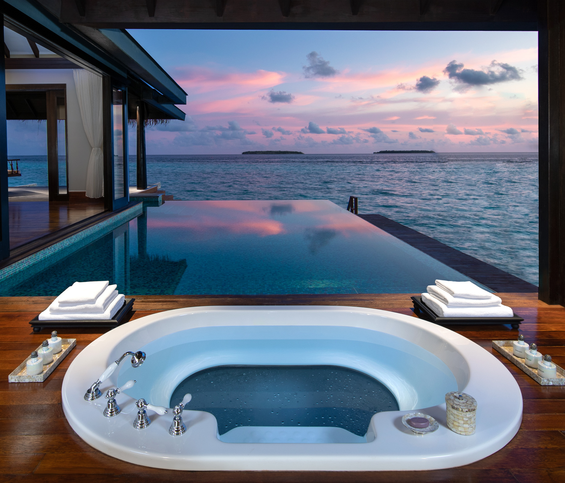 Anantara Kihavah Maldives Villas Resort - Baa Atoll, Maldives - Over Water Pool Villa Bathroom Ocean View Sunset