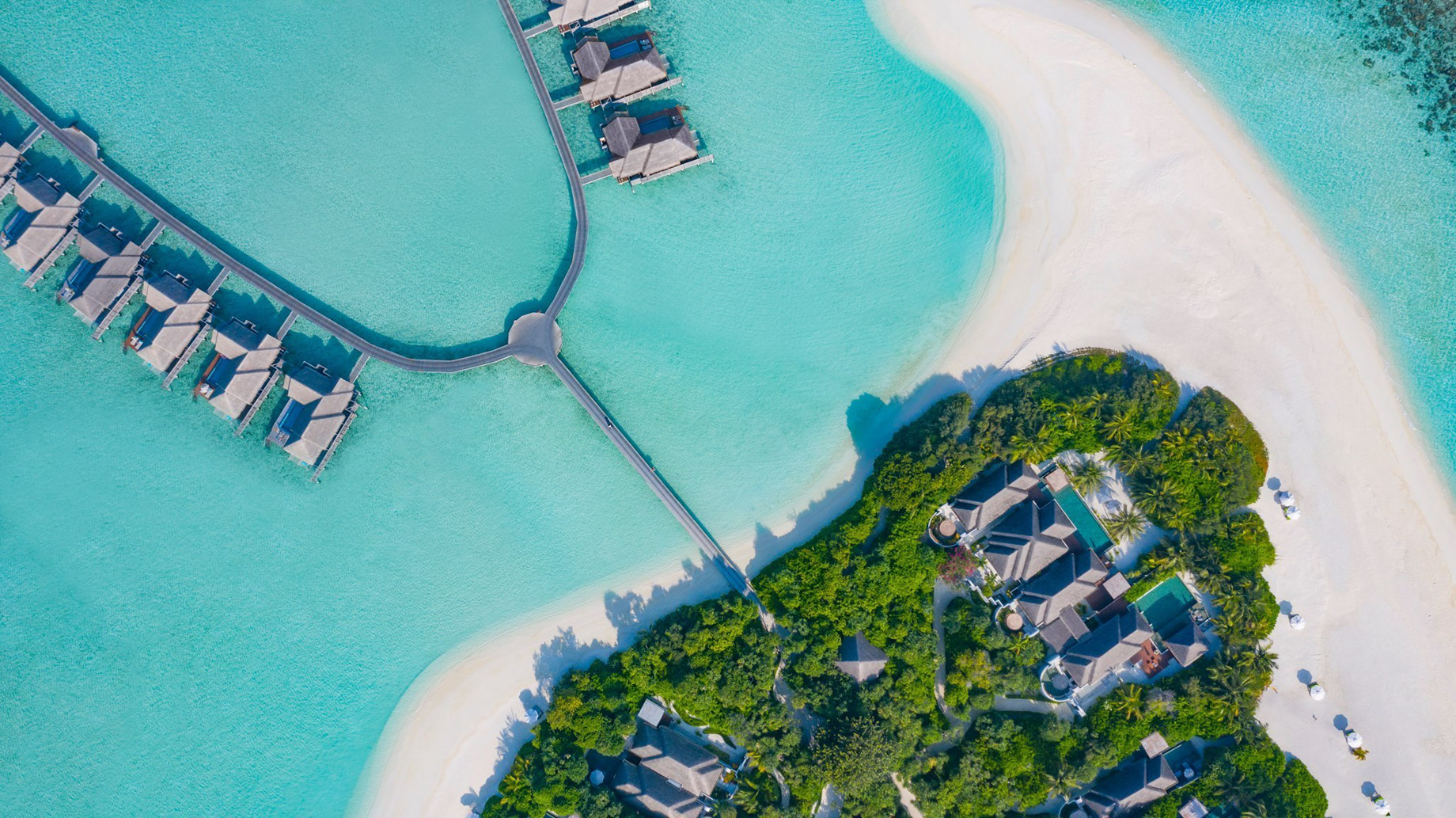 Anantara Kihavah Maldives Villas Resort – Baa Atoll, Maldives – Overwater Villas Jetty Overhead Aerial View