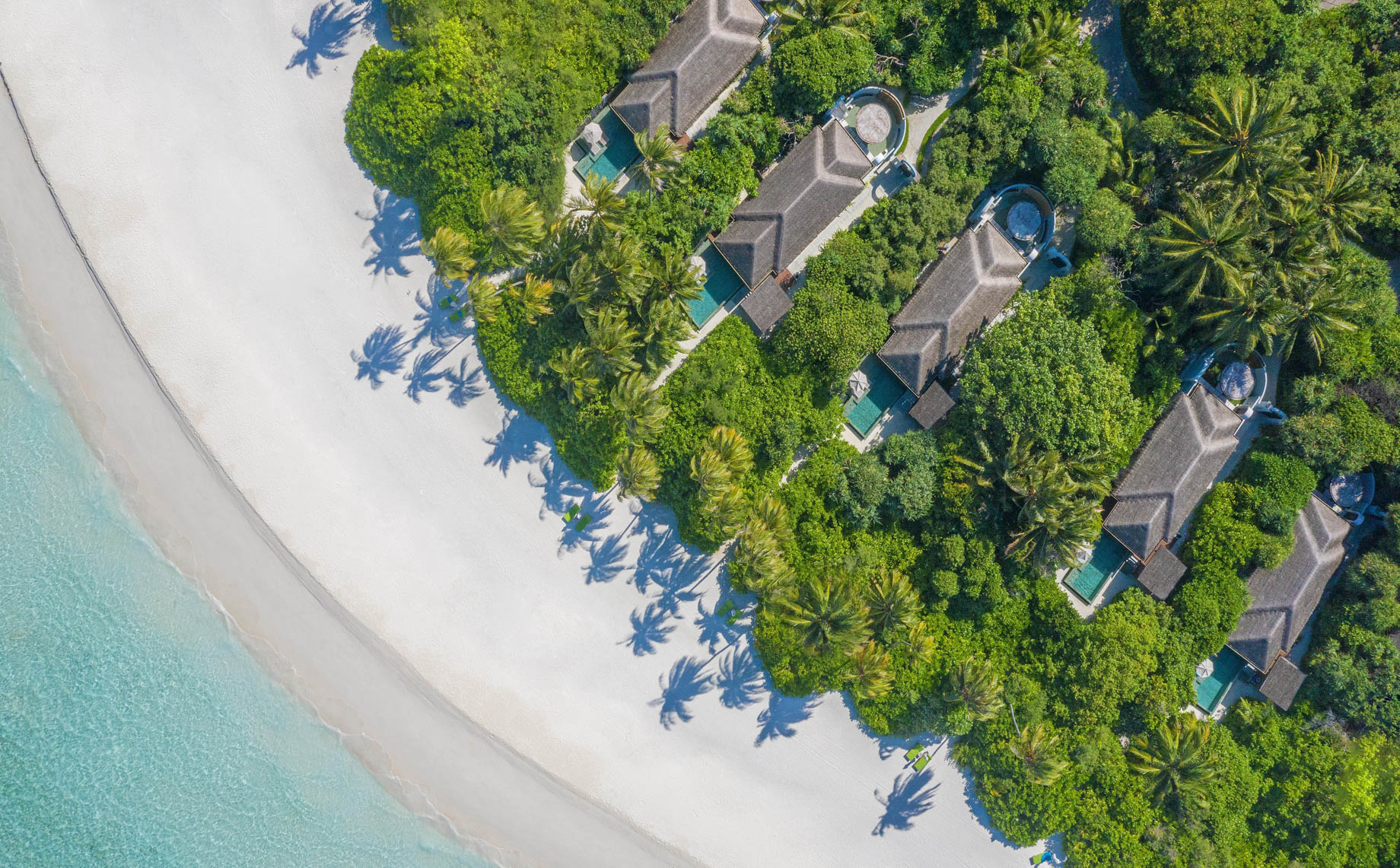 Anantara Kihavah Maldives Villas Resort – Baa Atoll, Maldives – Beach Pool Villas Overhead Aerial View