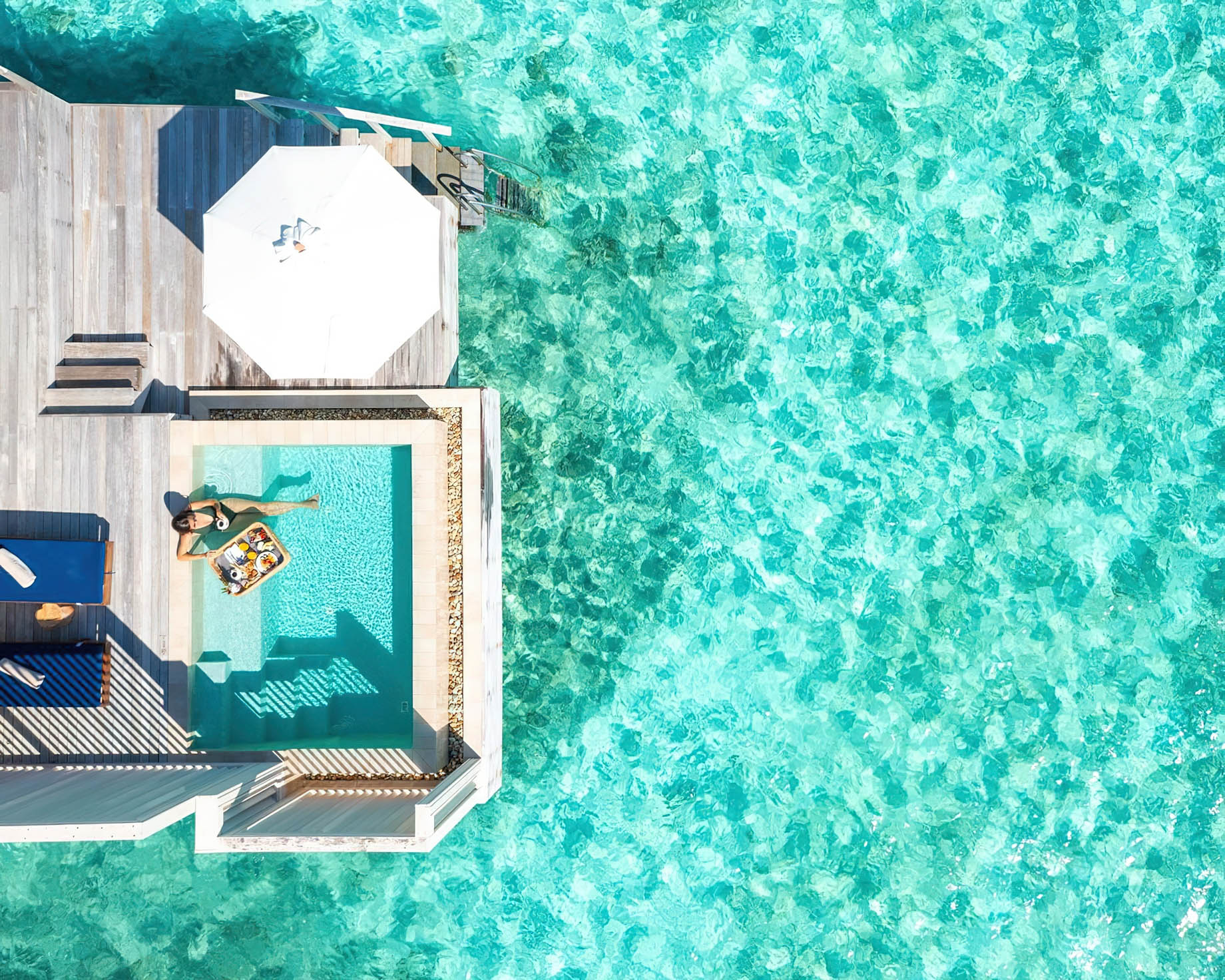 Baglioni Resort Maldives – Maagau Island, Rinbudhoo, Maldives – Overwater Villa Pool Floating Breakfast Basket Overhead Aerial View