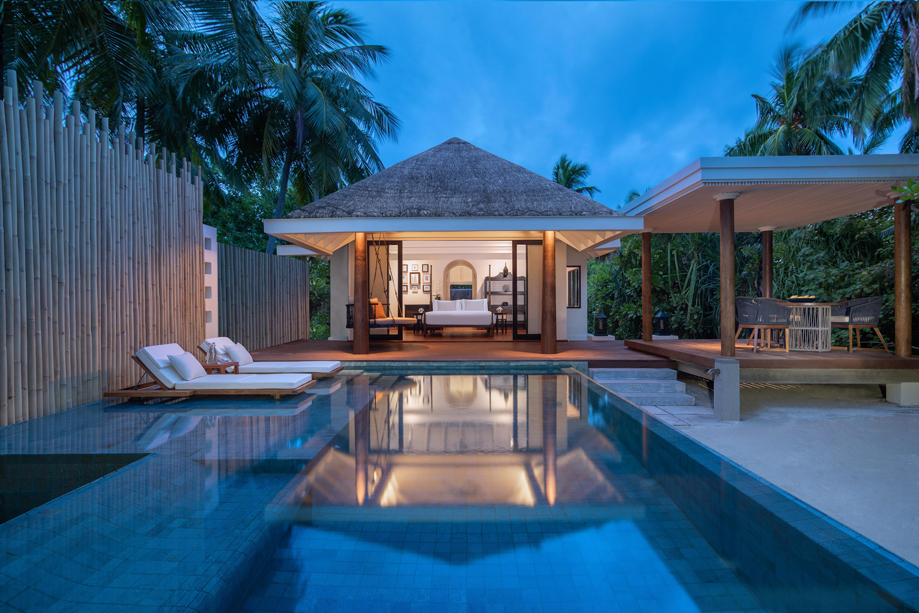 Anantara Kihavah Maldives Villas Resort – Baa Atoll, Maldives – Family Beach Pool Villa Exterior Night