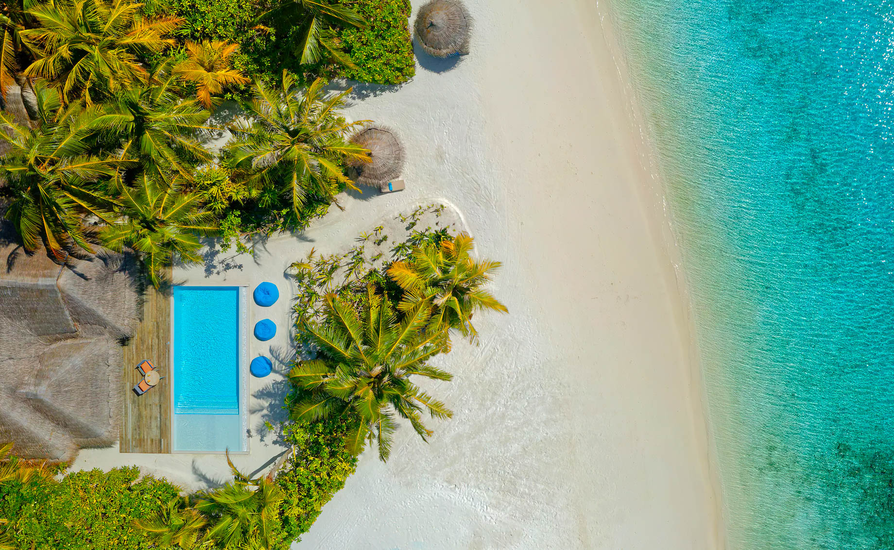 Anantara Thigu Maldives Resort – South Male Atoll, Maldives – Two Bedroom Family Beach Pool Villa Overhead Aerial View