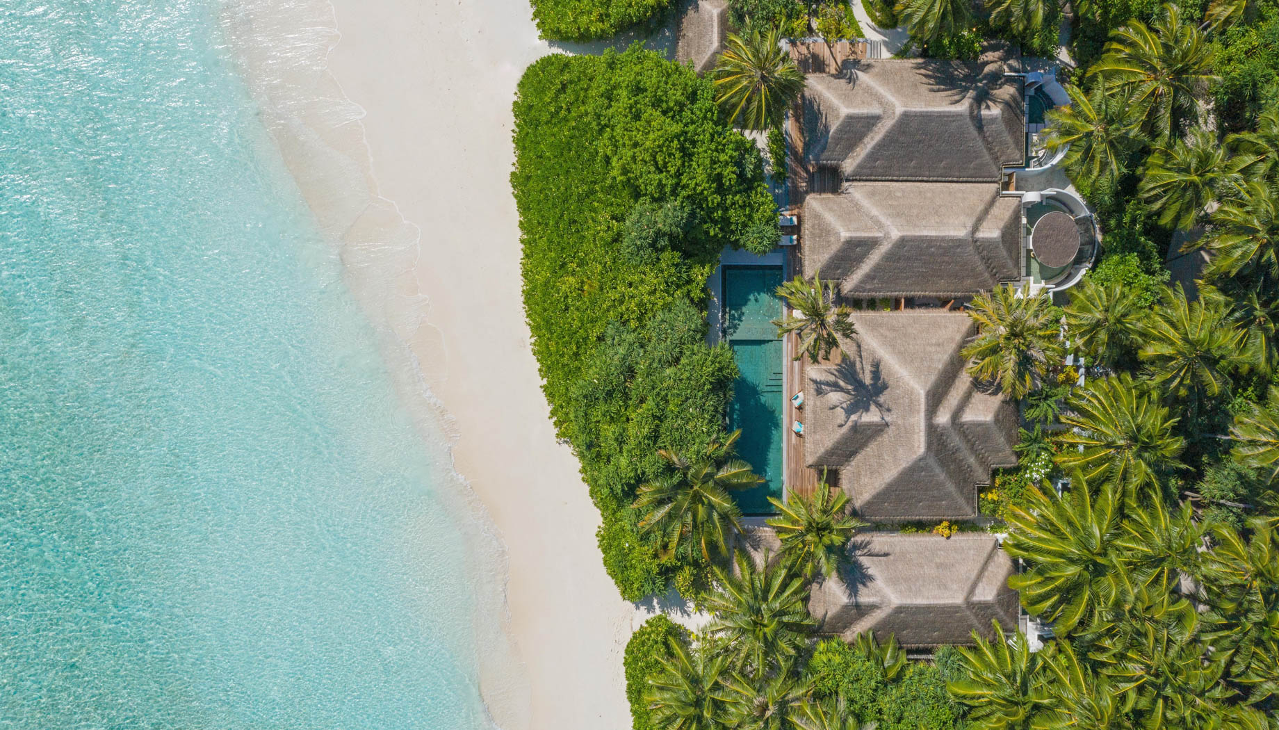 Anantara Kihavah Maldives Villas Resort – Baa Atoll, Maldives – Three Bedroom Beach Pool Residence Overhead Aerial View