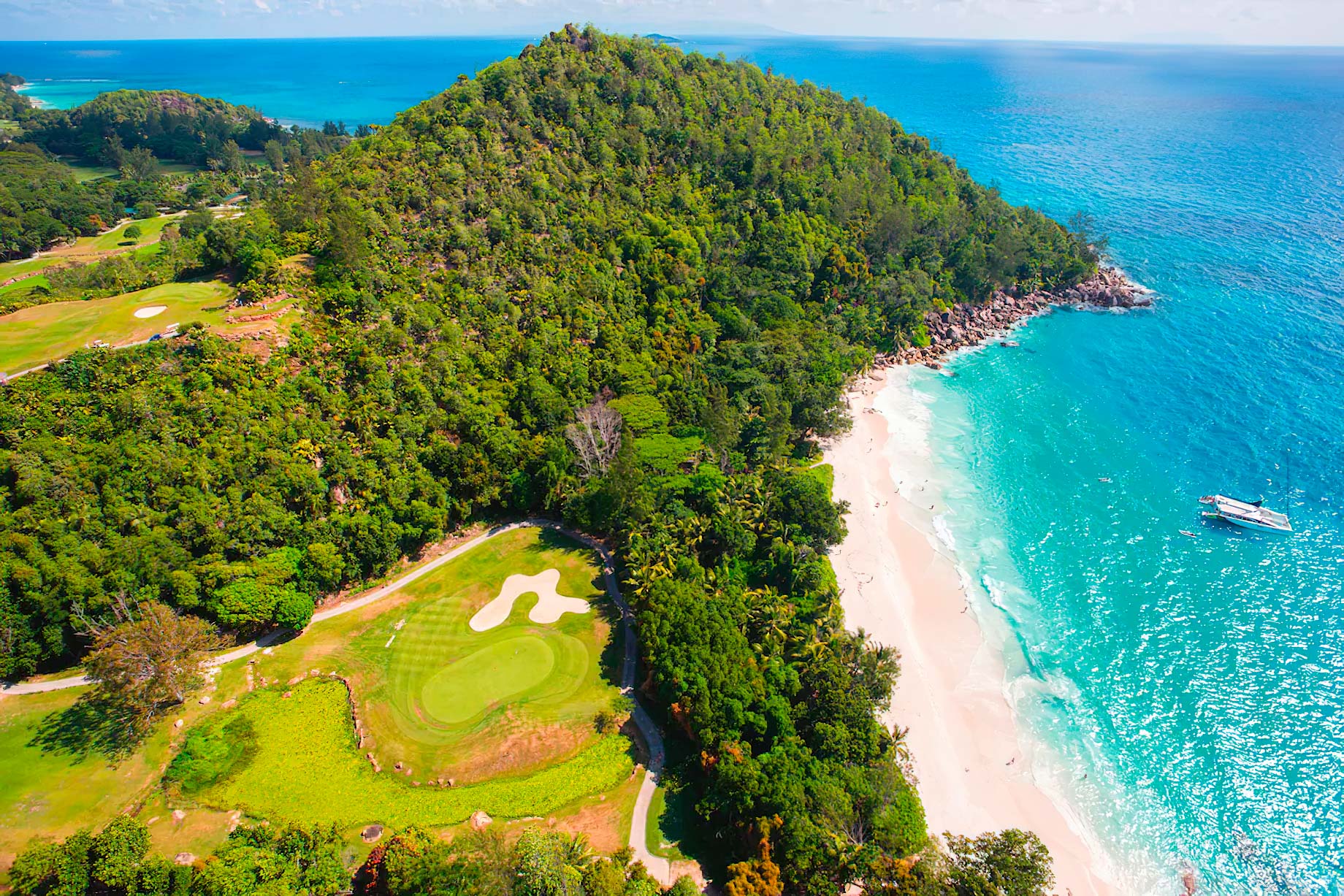 Constance Lemuria Resort – Praslin, Seychelles – Golf Course Aerial View