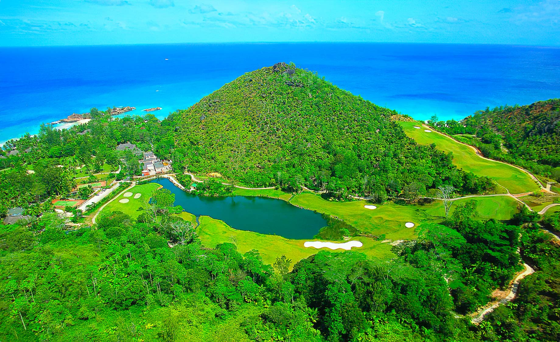 Constance Lemuria Resort – Praslin, Seychelles – Golf Course Aerial View
