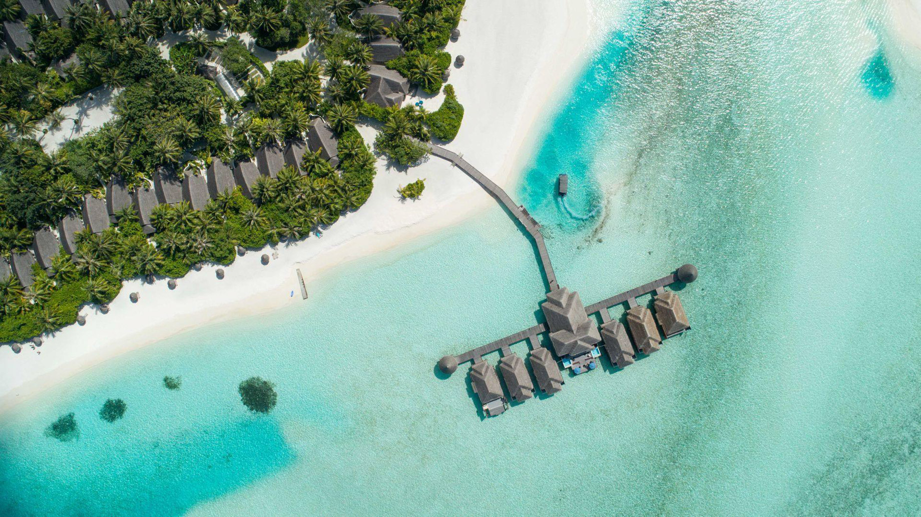 Anantara Thigu Maldives Resort – South Male Atoll, Maldives – Overwater Spa Overhead Aerial View