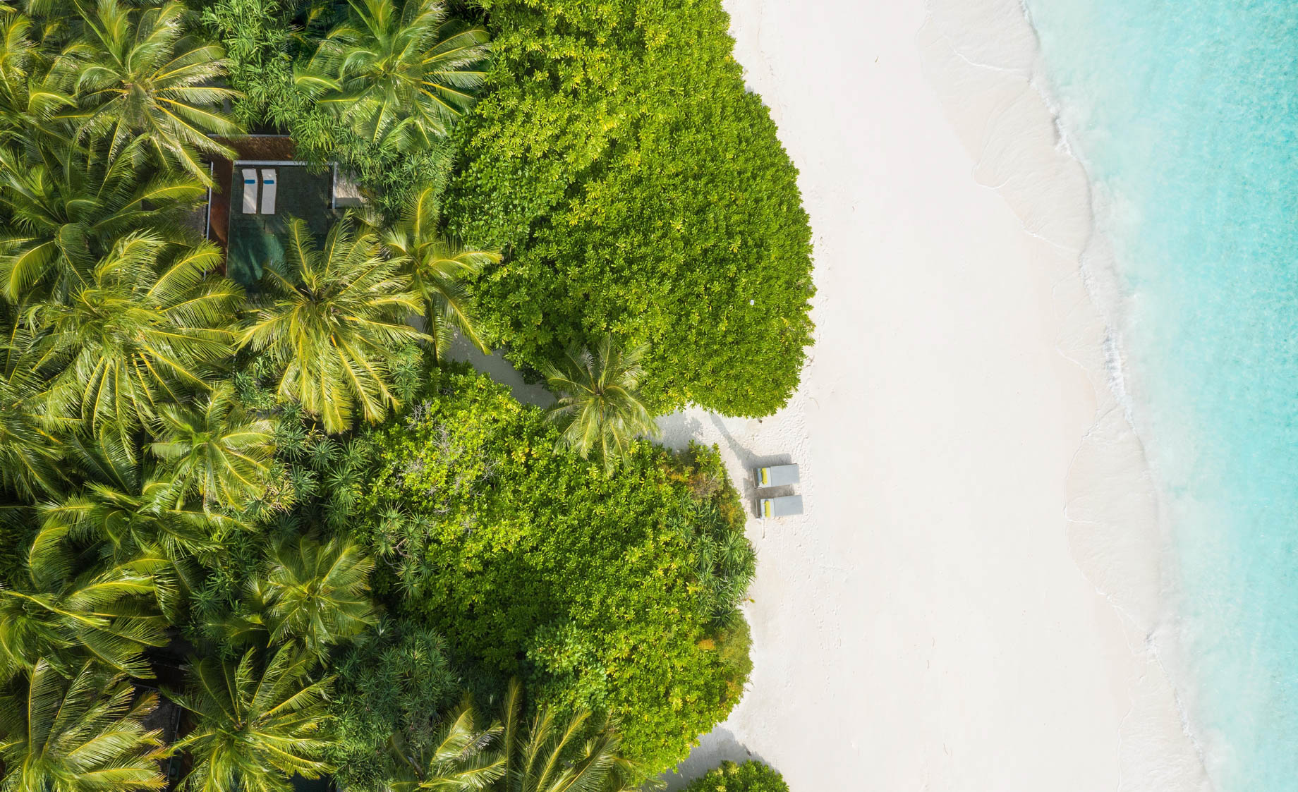 Anantara Kihavah Maldives Villas Resort – Baa Atoll, Maldives – Private Beach Overhead Aerial View
