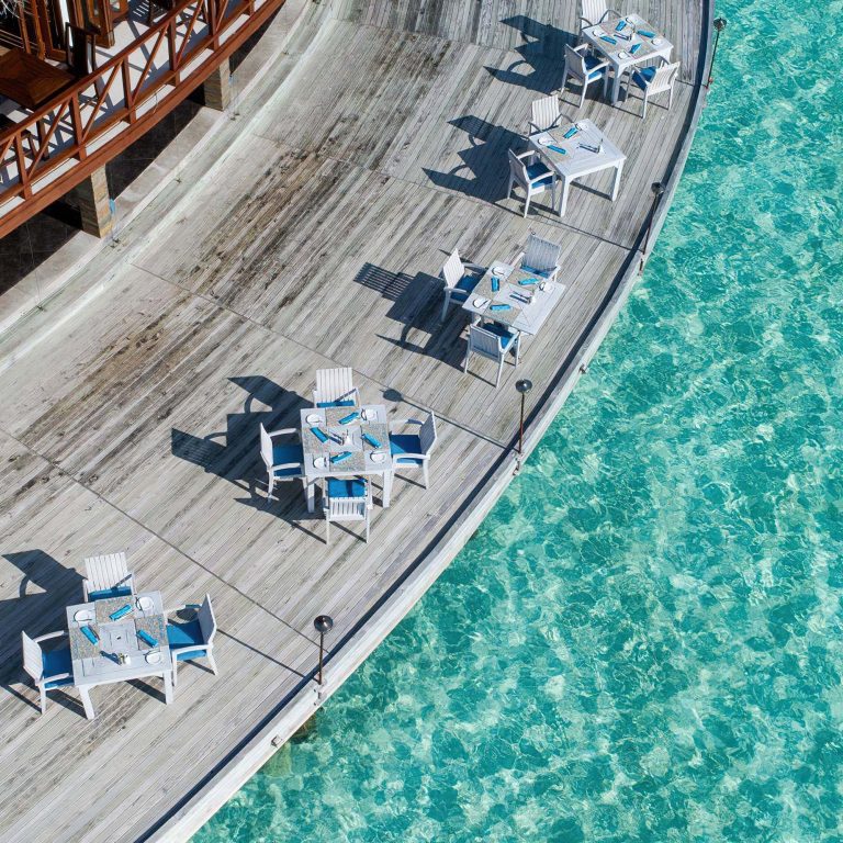 Anantara Thigu Maldives Resort – South Male Atoll, Maldives – Sea Fire Salt Overwater Restaurant Aerial View