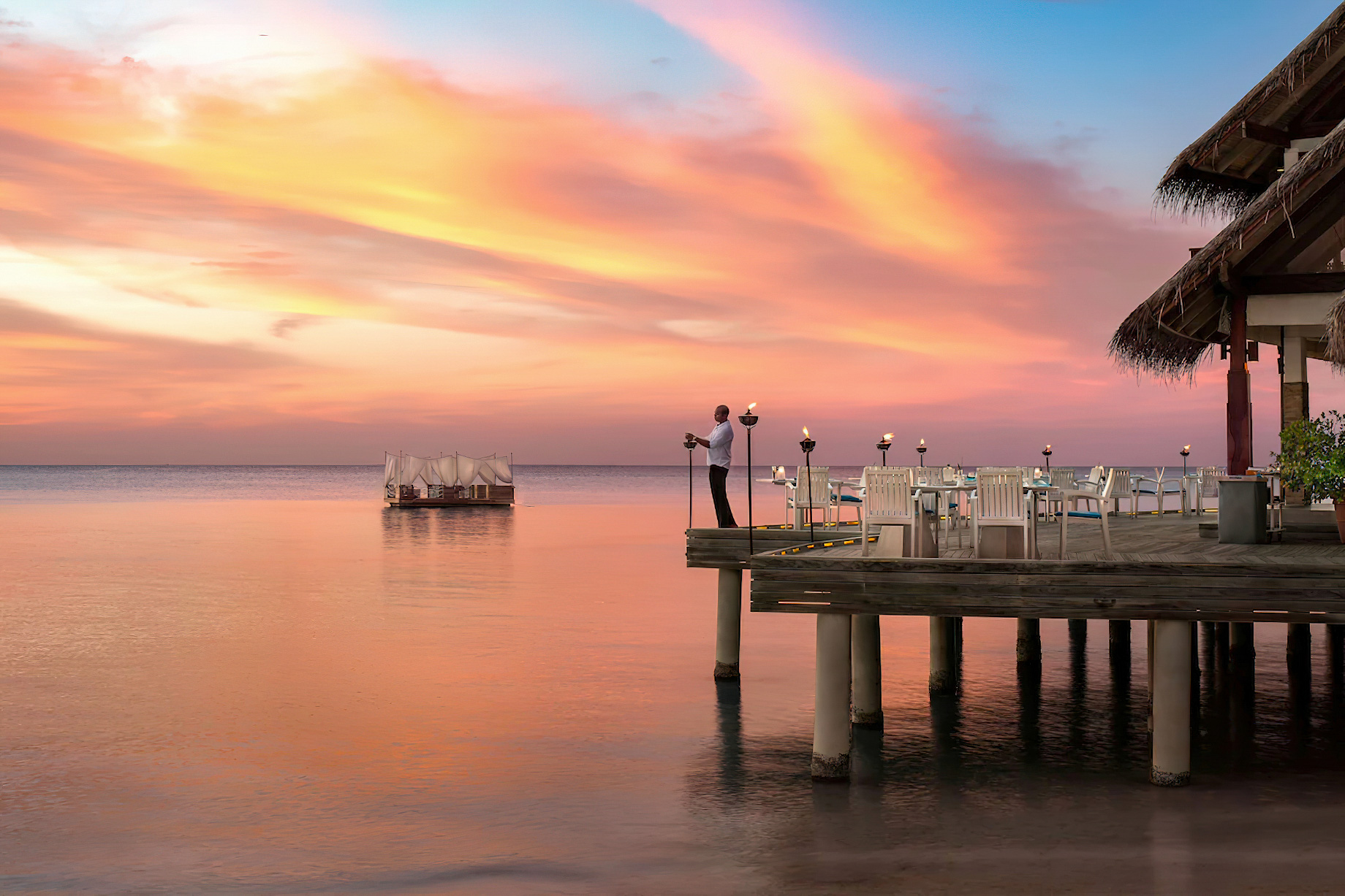 Anantara Thigu Maldives Resort – South Male Atoll, Maldives – Sea Fire Salt Overwater Restaurant Sunset