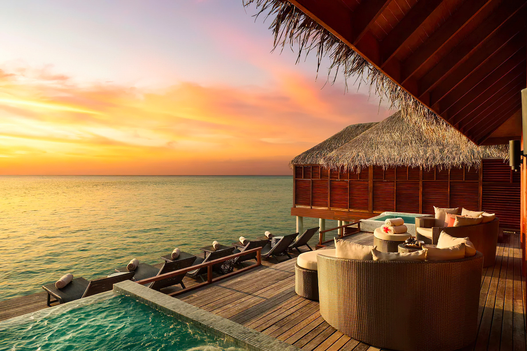 Anantara Thigu Maldives Resort – South Male Atoll, Maldives – Overwater Spa Outdoor Lounge Sunset