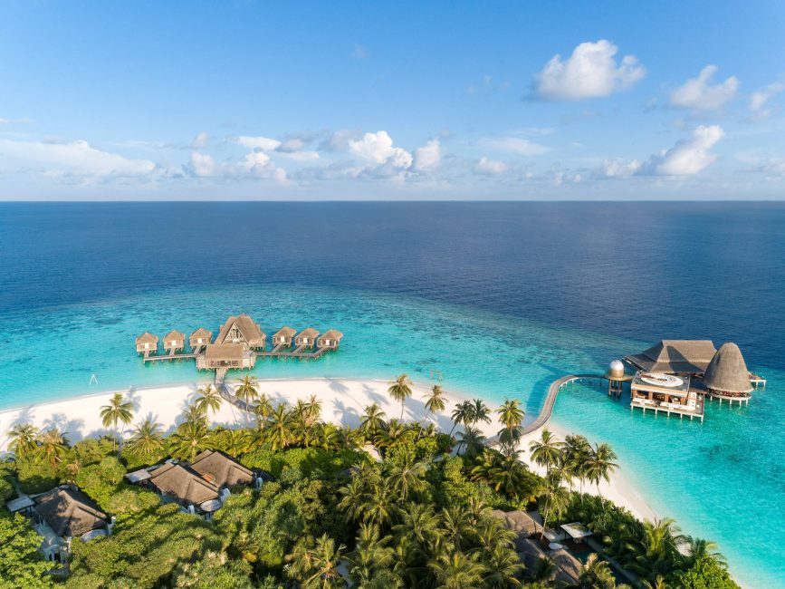 Anantara Kihavah Maldives Villas Resort - Baa Atoll, Maldives - Resort Spa and Overwater Restaurant Aerial View