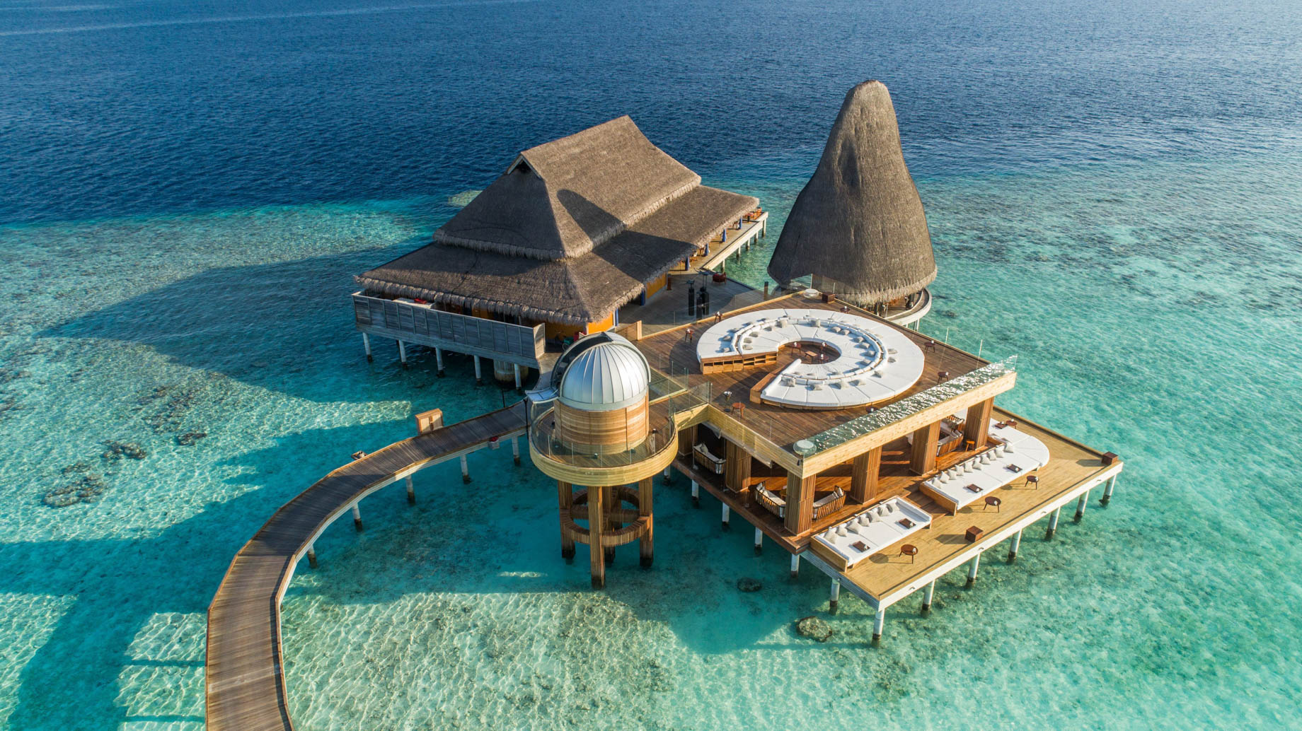 Anantara Kihavah Maldives Villas Resort - Baa Atoll, Maldives - Overwater Observatory and Bar SEA.FIRE.SPICE.SKY. Aerial View