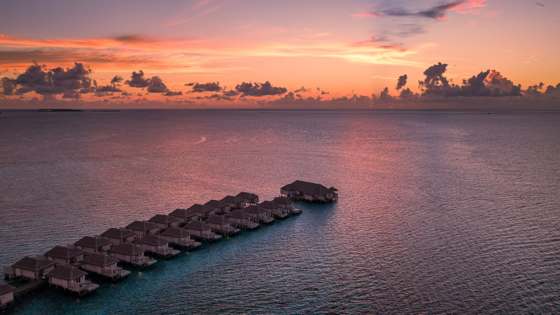 Baglioni Resort Maldives – Maagau Island, Rinbudhoo, Maldives – Overwater Villas Aerial View Sunset