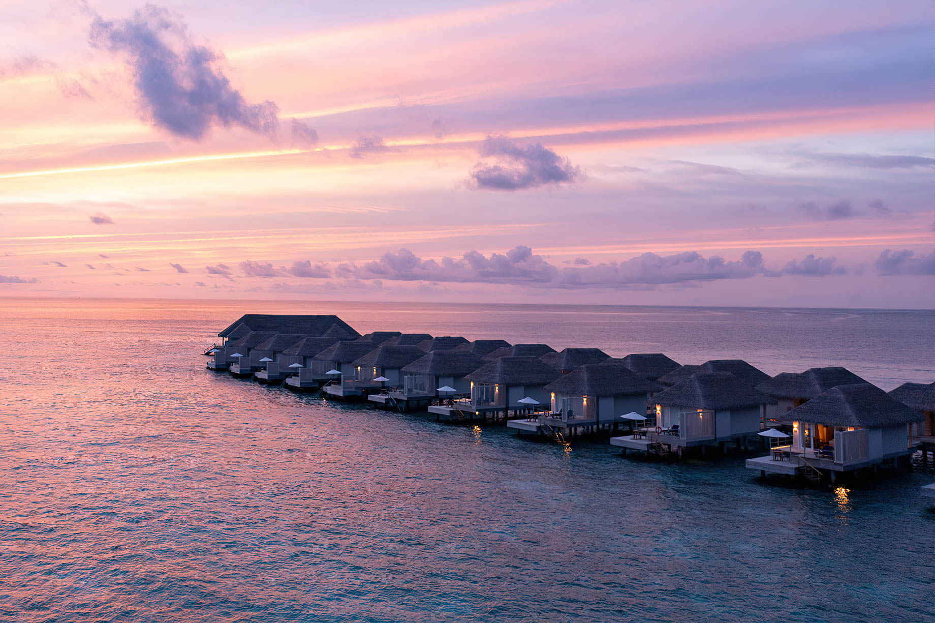 Baglioni Resort Maldives – Maagau Island, Rinbudhoo, Maldives – Overwater Villas Aerial View Sunset