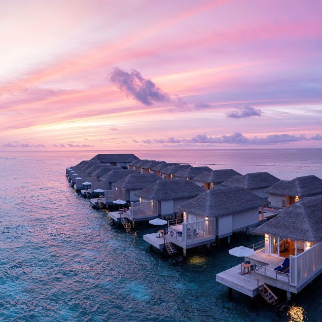 Baglioni Resort Maldives - Maagau Island, Rinbudhoo, Maldives - Overwater Villas Aerial View Sunset