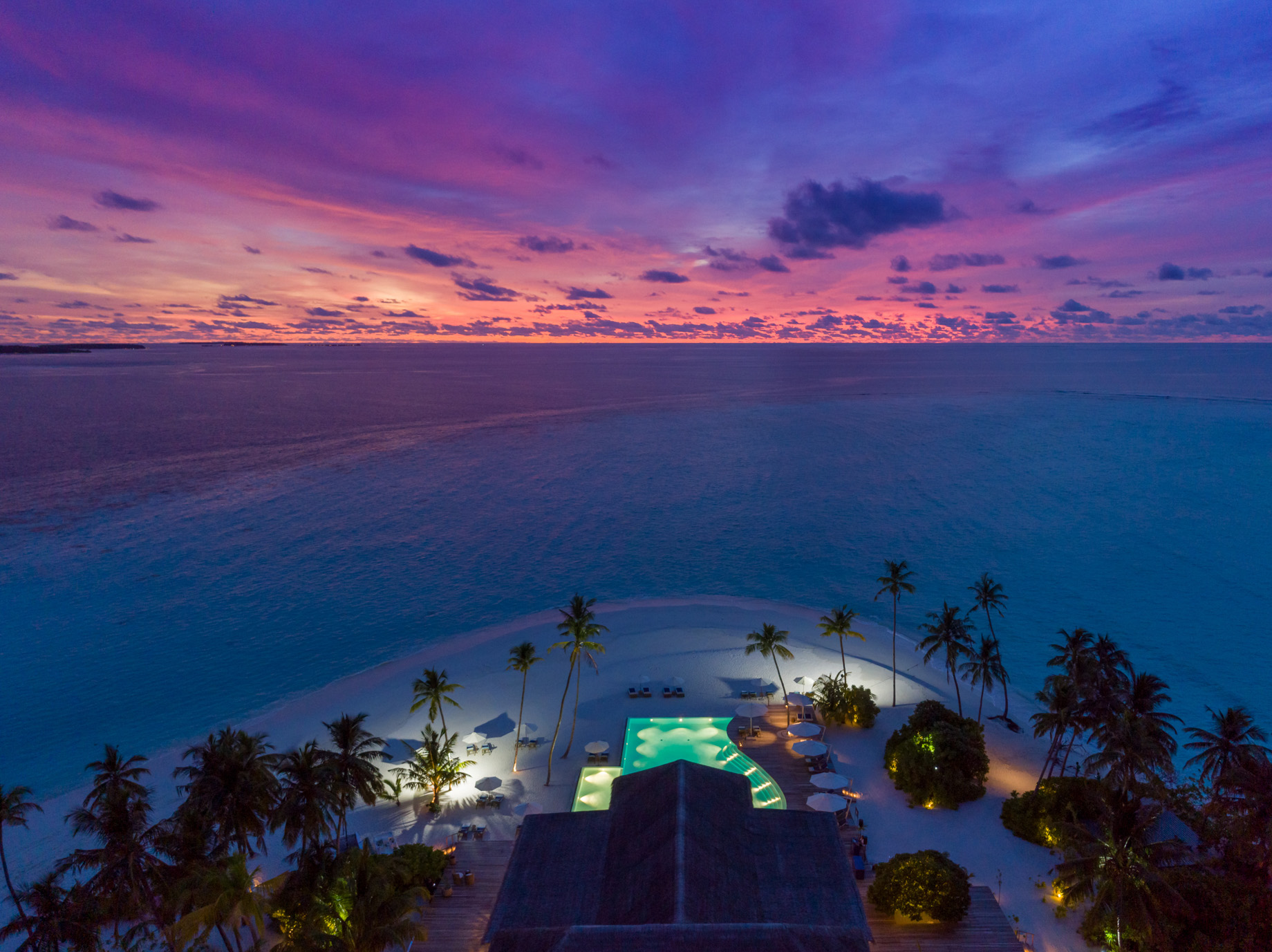 Baglioni Resort Maldives – Maagau Island, Rinbudhoo, Maldives – Gusto Restaurant and Pool Aerial View Sunset