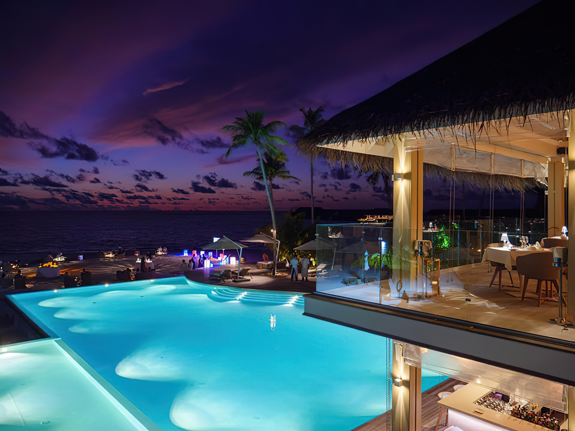 Baglioni Resort Maldives – Maagau Island, Rinbudhoo, Maldives – Gusto Restaurant and Pool View Sunset