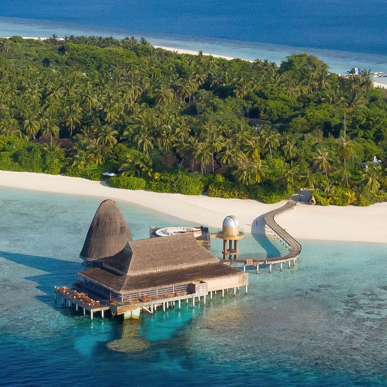 Anantara Kihavah Maldives Villas Resort – Baa Atoll, Maldives – Overwater Observatory and Bar SEA.FIRE.SPICE.SKY. Aerial View