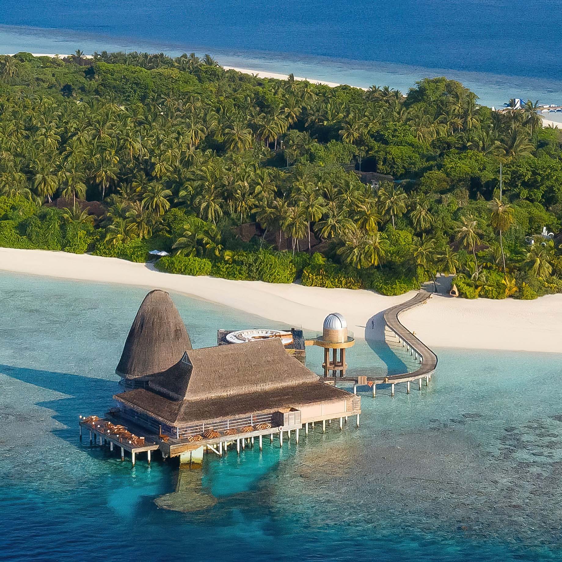 Anantara Kihavah Maldives Villas Resort - Baa Atoll, Maldives - Overwater Observatory and Bar SEA.FIRE.SPICE.SKY. Aerial View