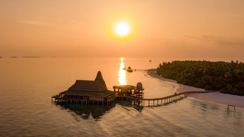 Anantara Kihavah Maldives Villas Resort - Baa Atoll, Maldives - SKY Over Water Observatory and Bar Deck Overhead Aerial View Sunset
