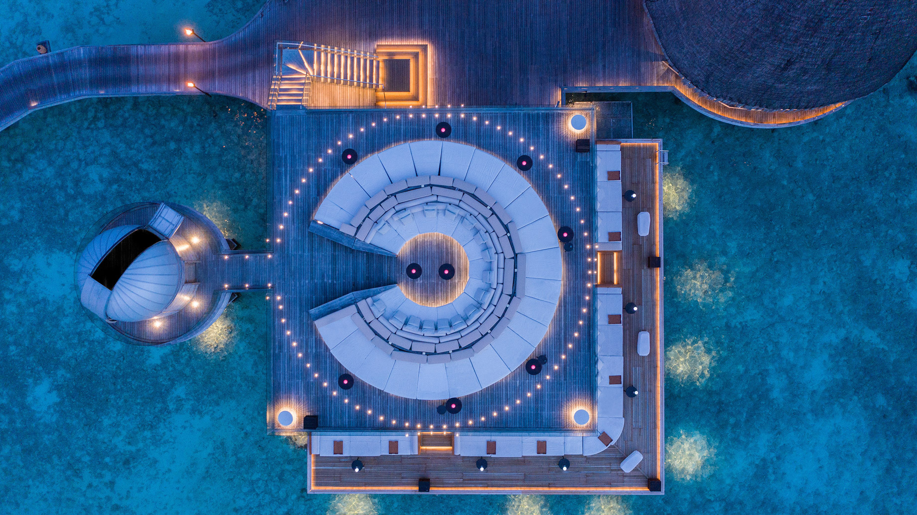 Anantara Kihavah Maldives Villas Resort - Baa Atoll, Maldives - Sky Observatory and Overwater Bar Overhead Aerial View