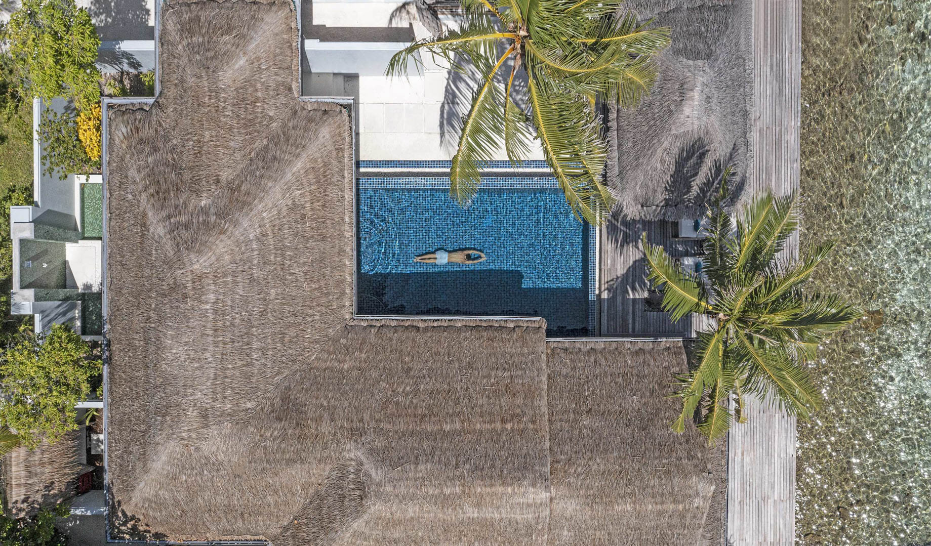 Naladhu Private Island Maldives Resort – South Male Atoll, Maldives – Ocean House with Pool and Private Beach Cabana Pool Overhead Aerial View
