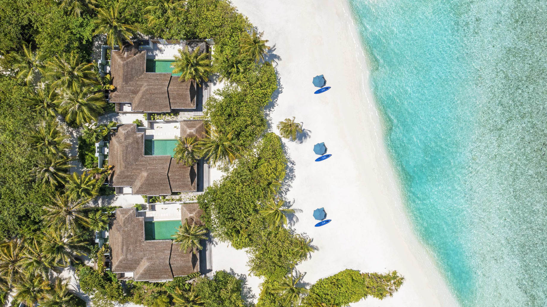 Naladhu Private Island Maldives Resort – South Male Atoll, Maldives – Beach House with Pool Overhead Aerial View