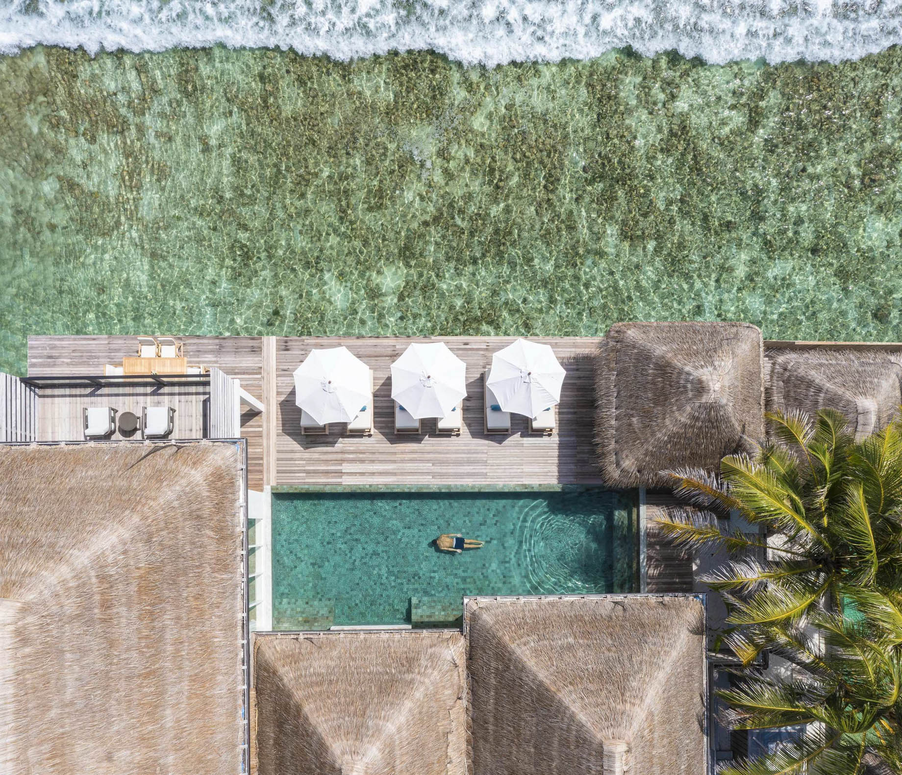Naladhu Private Island Maldives Resort – South Male Atoll, Maldives – Two Bedroom Beach Pool Residence Pool Deck Overhead Aerial View