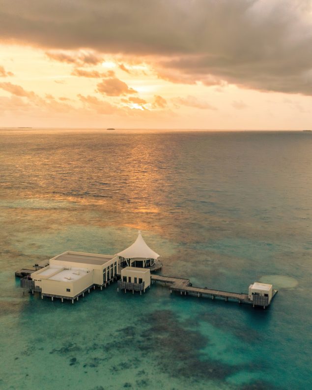 Niyama Private Islands Maldives Resort - Dhaalu Atoll, Maldives - Edge Restaurant Aerial View Sunset
