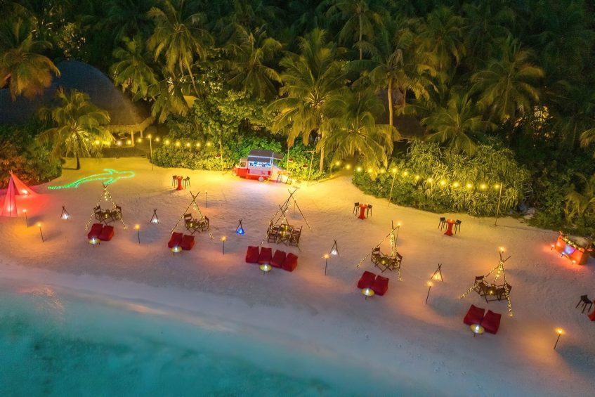 Niyama Private Islands Maldives Resort - Dhaalu Atoll, Maldives - Beach Dining Aerial View Night