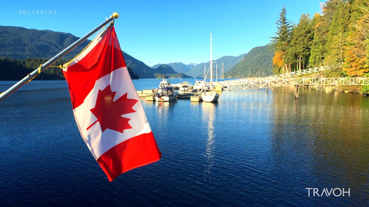 Canadian Flag - Ocean and Mountain Views - Belcarra, British Columbia, Canada - 4K Travel