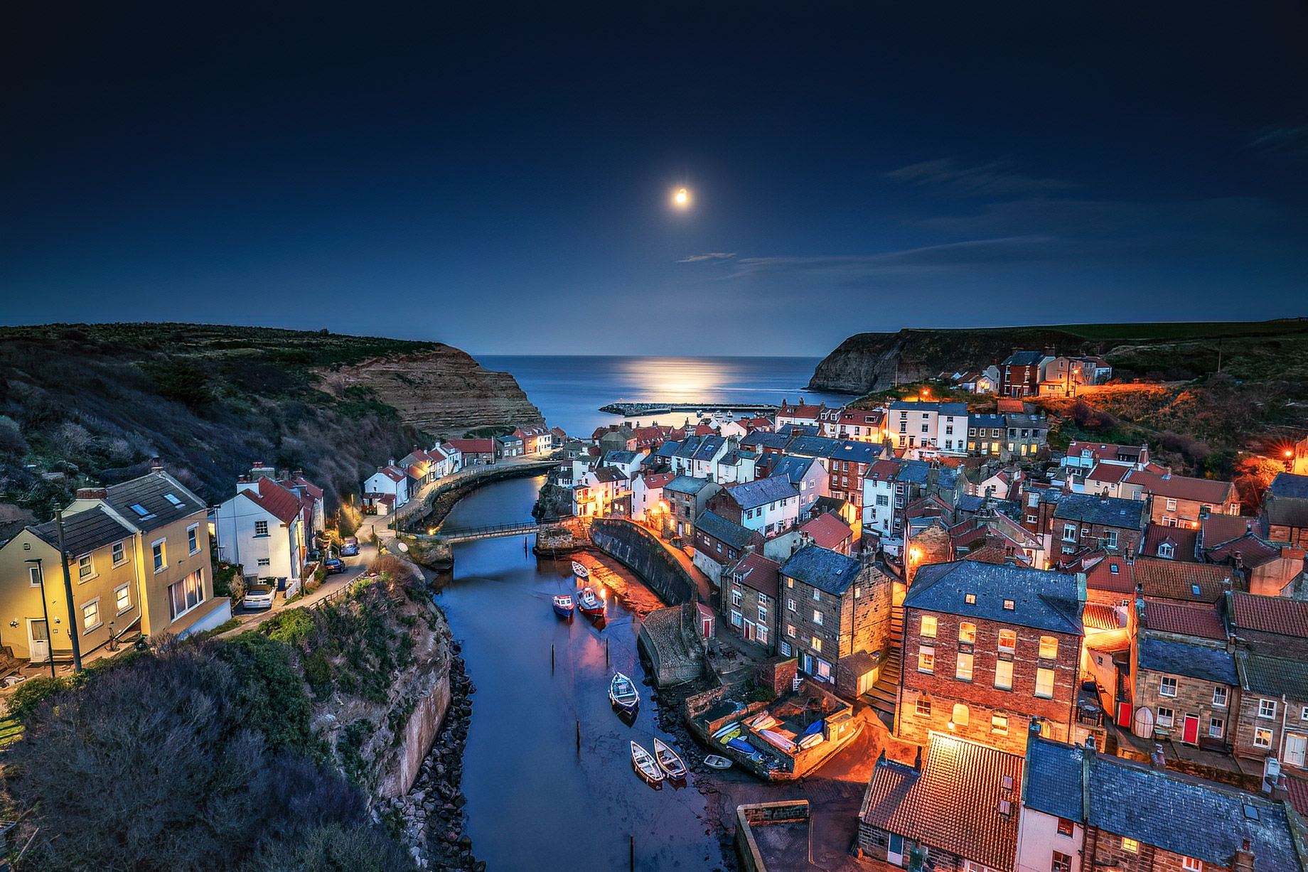 Moonrise - North Yorkshire Fishing Village - Staithes, England, United Kingdom