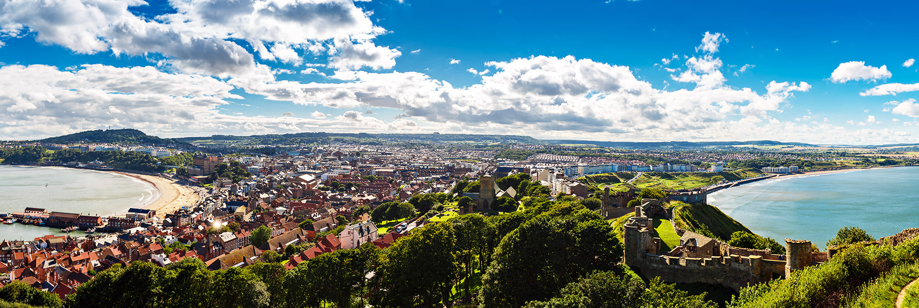 Panorama - Scarborough Castle, Beach, Old Town - North Yorkshire, England, UK