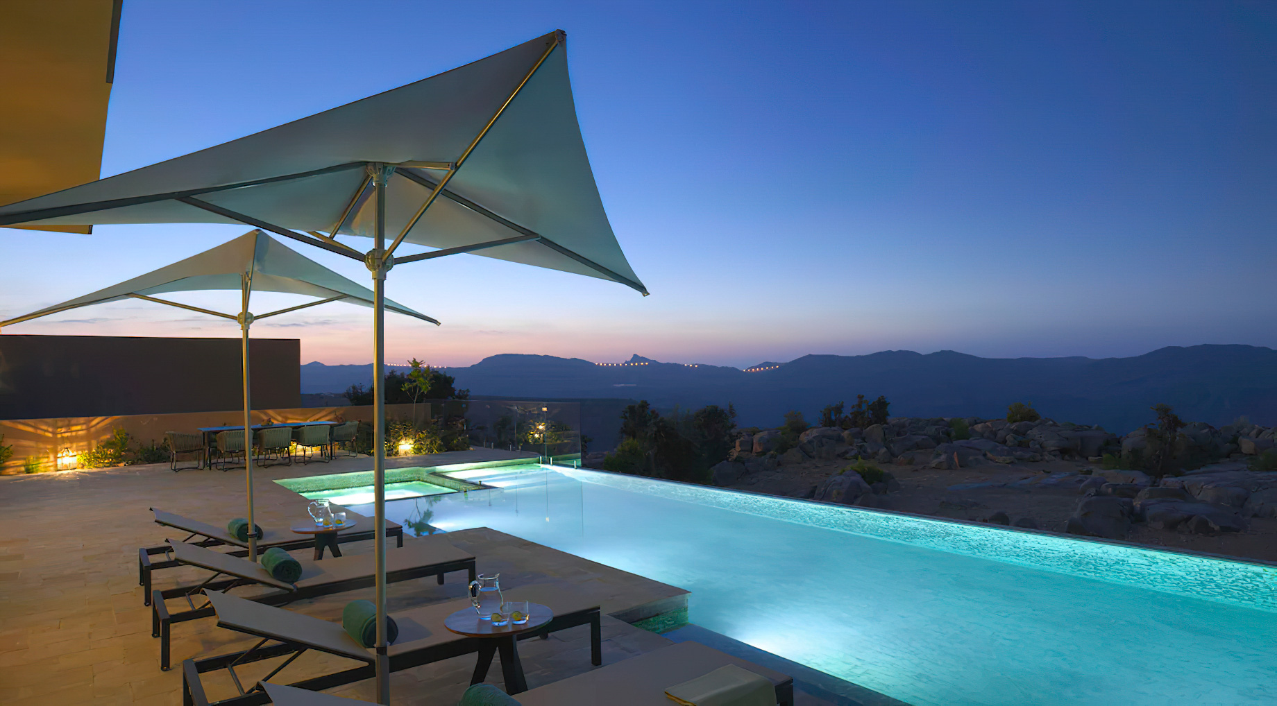 Anantara Al Jabal Al Akhdar Resort – Oman – Three Bedroom Royal Mountain Villa Pool Deck Evening
